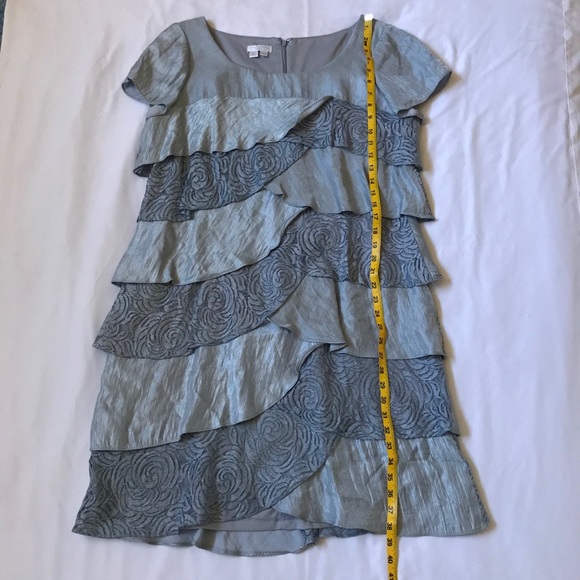 London Times Metallic Blue Lace Trim Ruffle Dress - Picture 3 of 15